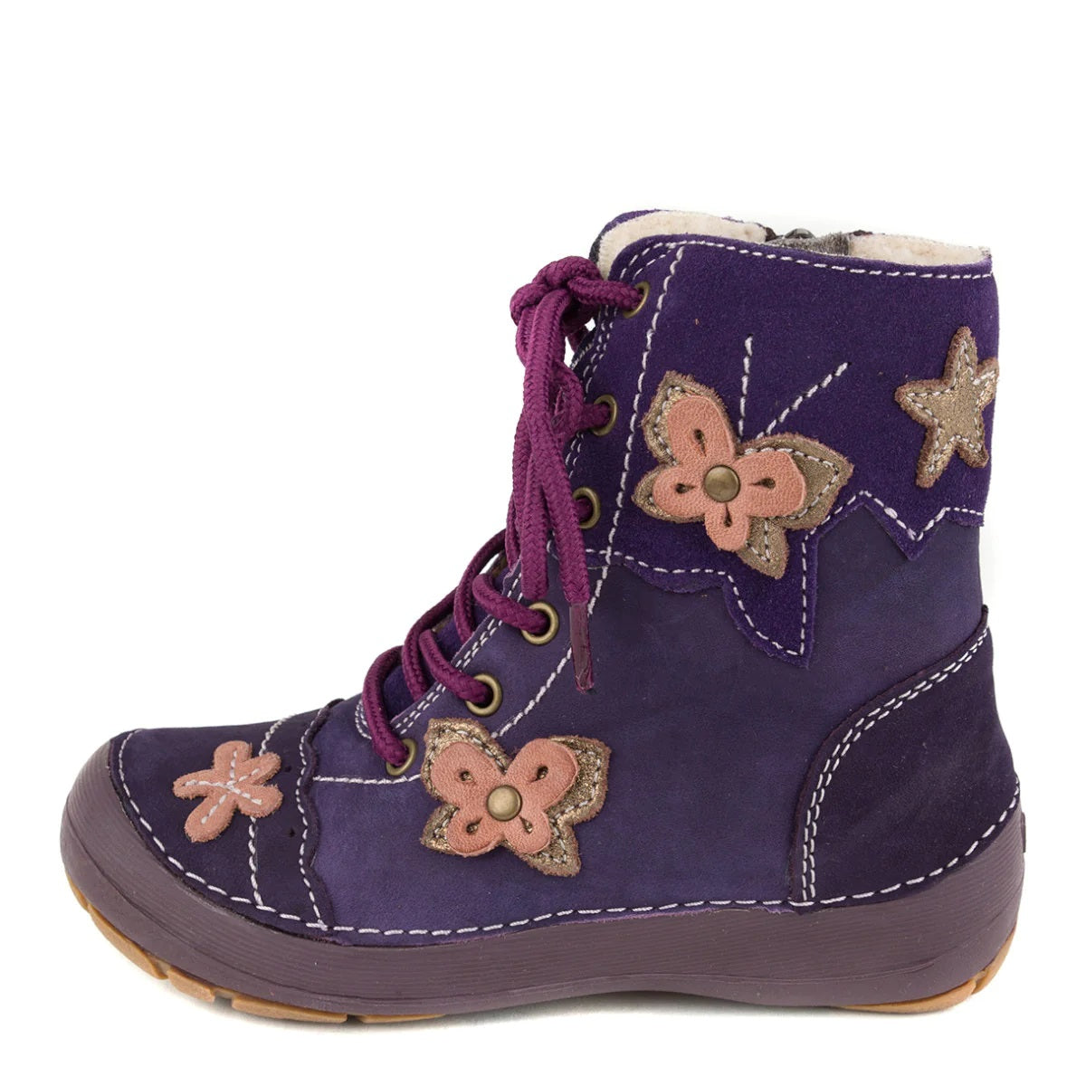 D.D. Step Little Kid Girl Shoes/Winter Boots With Faux Fur Insulation Purple Butterflies - Supportive Leather Shoes From Europe Kids Orthopedic - shoekid.ca