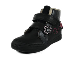 D.D. Step Big Kid Girl Shoes/Winter Boots With Faux Fur Insulation Black Pink Flower - Supportive Leather Shoes From Europe Kids Orthopedic - shoekid.ca