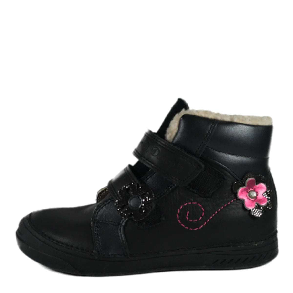 D.D. Step Big Kid Girl Shoes/Winter Boots With Faux Fur Insulation Black Pink Flower - Supportive Leather Shoes From Europe Kids Orthopedic - shoekid.ca